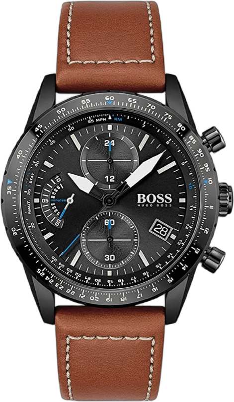 Montre Homme Hugo Boss Pilot Edition 1513851 Chronographe Cadran Noir Bracelet Cuir Marron