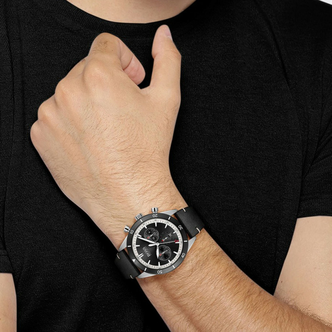 Montre Homme Hugo Boss Santiago 1513864, Boîtier Acier 44mm, Cadran Noir Chronographe, Bracelet Cuir vue 6