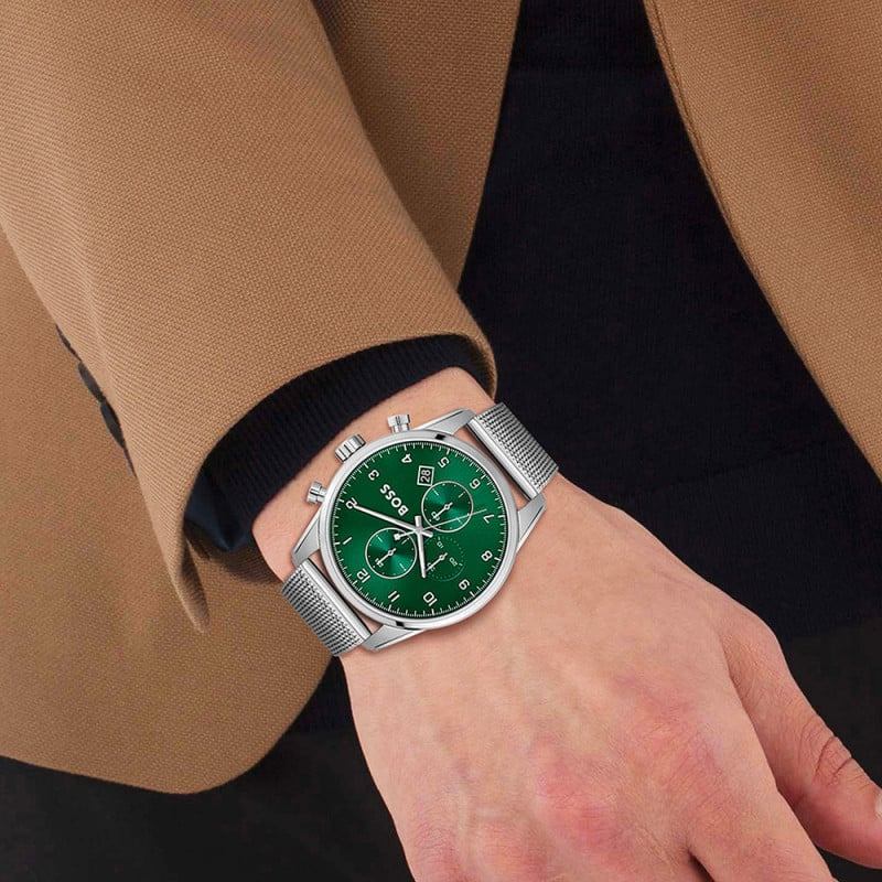 Montre Homme Hugo Boss Skymaster 1513938 cadran vert bracelet maille milanaise vue 3