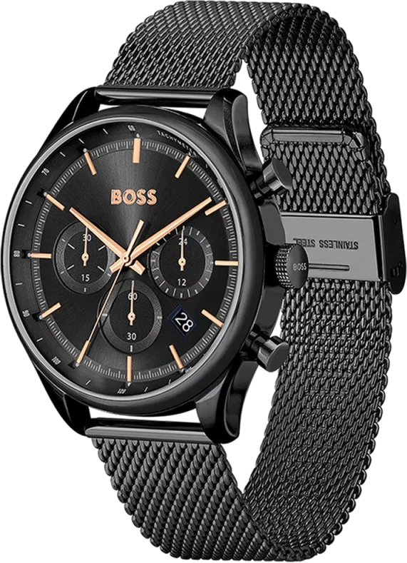 Montre Hugo Boss Gregor 1514065 pour Homme - Cadran noir, bracelet acier maille milanaise vue 2