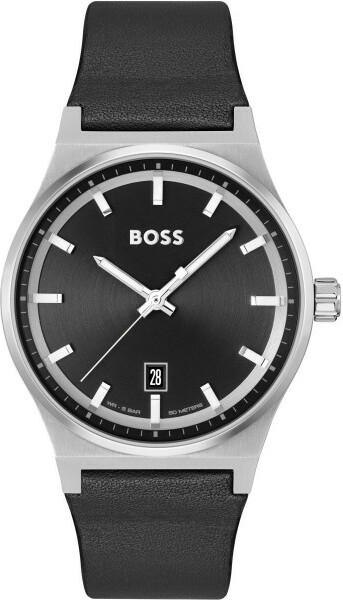 Montre Homme Hugo Boss 1514075 Candor - Boîtier Acier 41mm, Cadran Noir Soleillé, Bracelet Cuir Texturé Noir