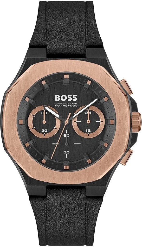 Montre Hugo Boss 1514089 Homme - Chronographe Quartz Acier Noir & Or Rose, Cadran 44mm, Bracelet Cuir Noir