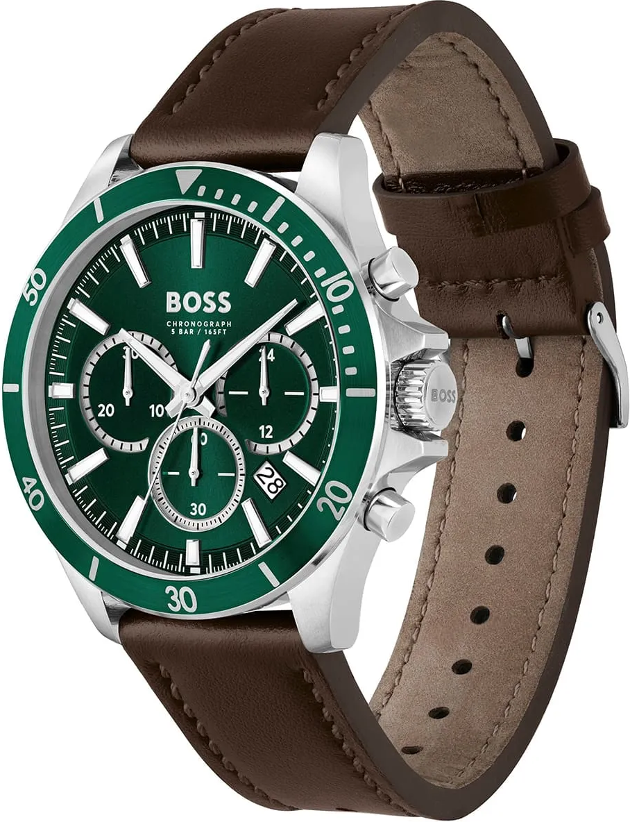 Montre Homme Hugo Boss Troper 1514098 - Cadran Vert, Bracelet Cuir Marron, Chronographe vue 2