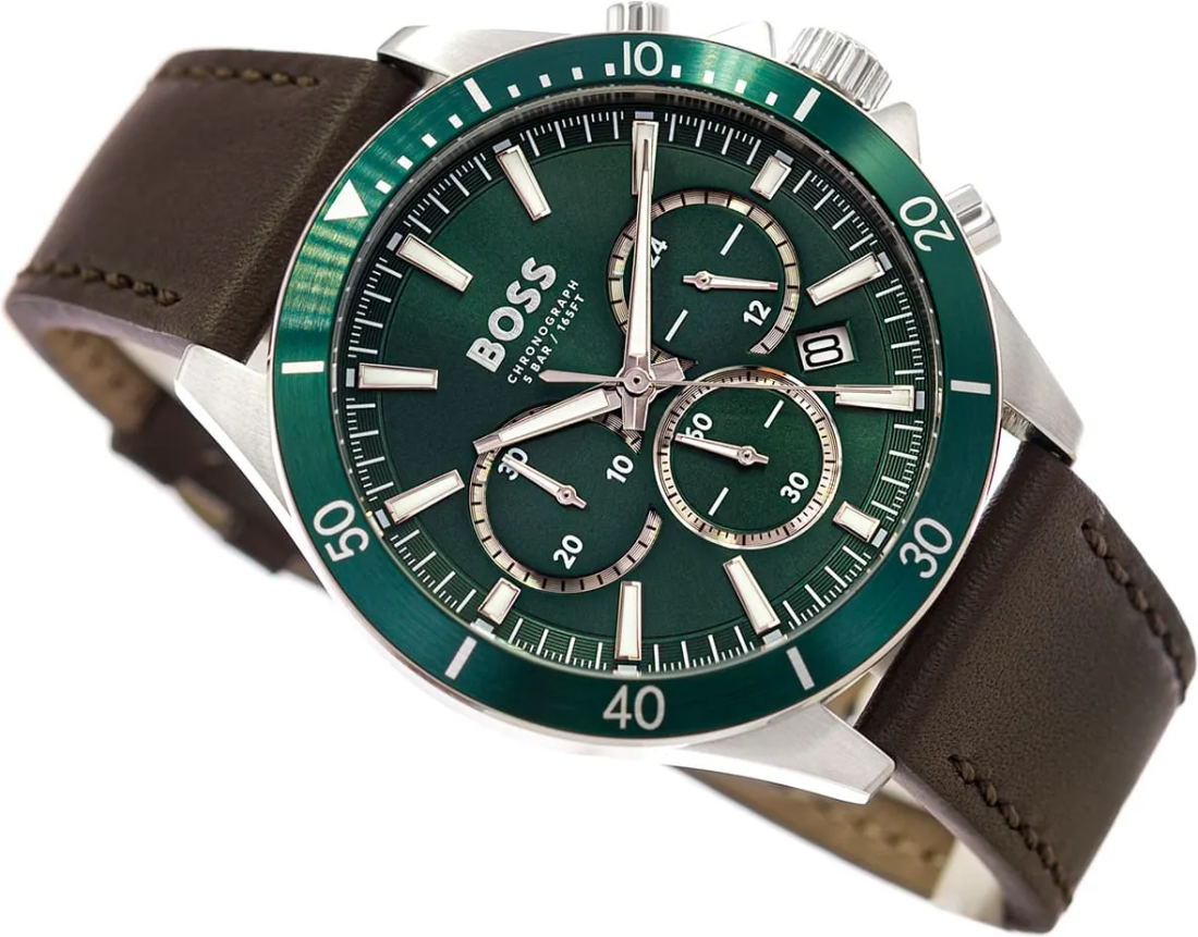 Montre Homme Hugo Boss Troper 1514098 - Cadran Vert, Bracelet Cuir Marron, Chronographe vue 3