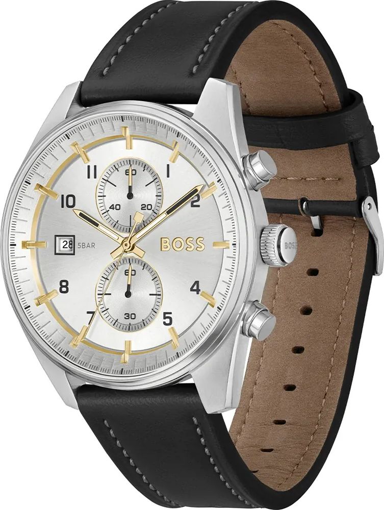 Montre Homme Hugo Boss 1514147 Skytraveller Chronographe Cadran Argent Acier Cuir Noir vue 2