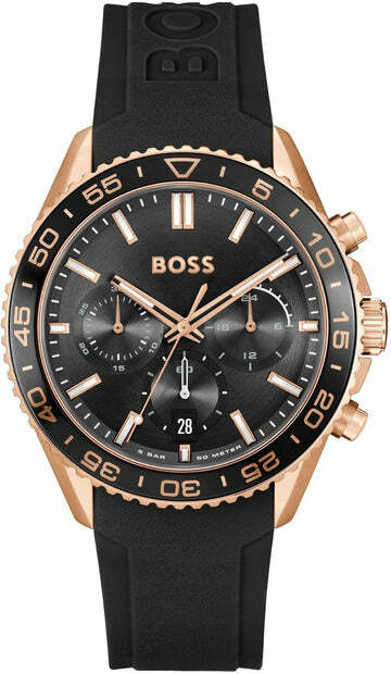 Montre Homme Hugo Boss Runner 1514168 - Boîtier Bicolore Acier/Or Rose, Cadran Noir Multifonctions, Bracelet Silicone Noir