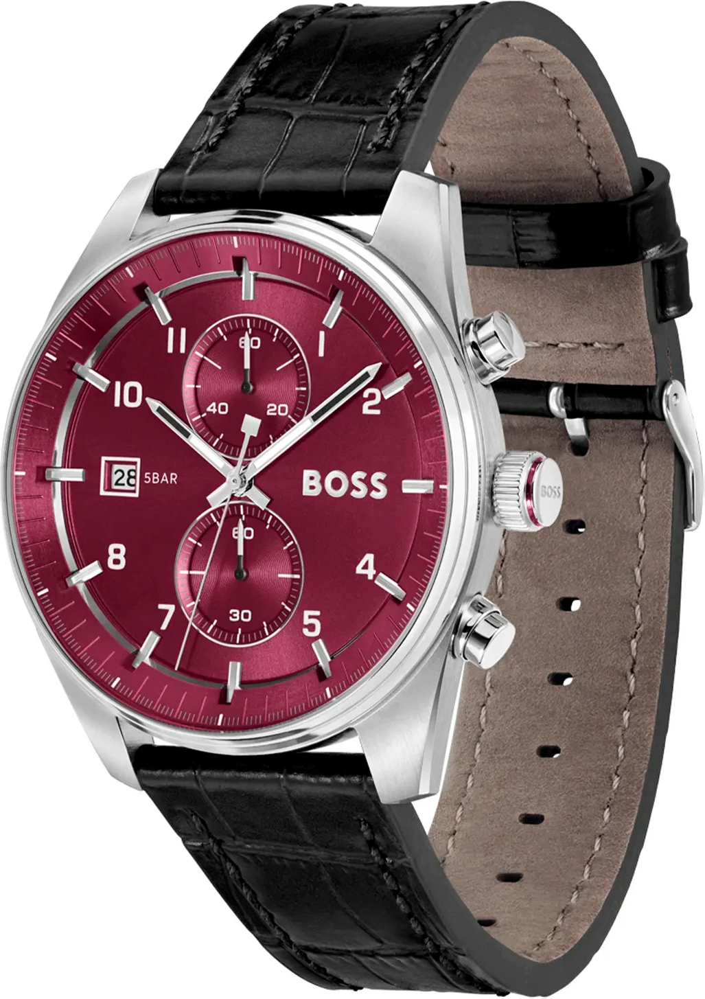 Montre Homme Hugo Boss 1514193 Skytraveller - Cadran Rouge Soleillé, Boîtier Acier, Bracelet Cuir Noir Croco vue 2
