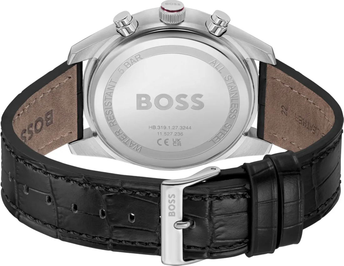 Montre Homme Hugo Boss 1514193 Skytraveller - Cadran Rouge Soleillé, Boîtier Acier, Bracelet Cuir Noir Croco vue 3