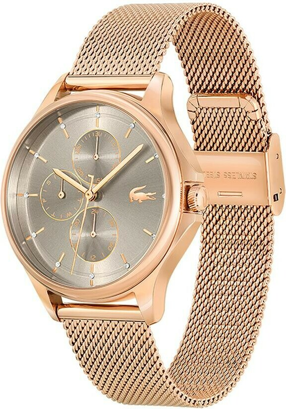 Montre Femme Lacoste Pleats 2001238 - Cadran Multifonctions Gris, Boîtier et Bracelet Maille Milanaise Or Rose vue 2