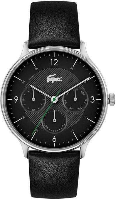 Montre Lacoste Homme Réf. 2011139 - Boîtier Acier Argenté, Cadran Noir Multifonctions, Bracelet Cuir Noir