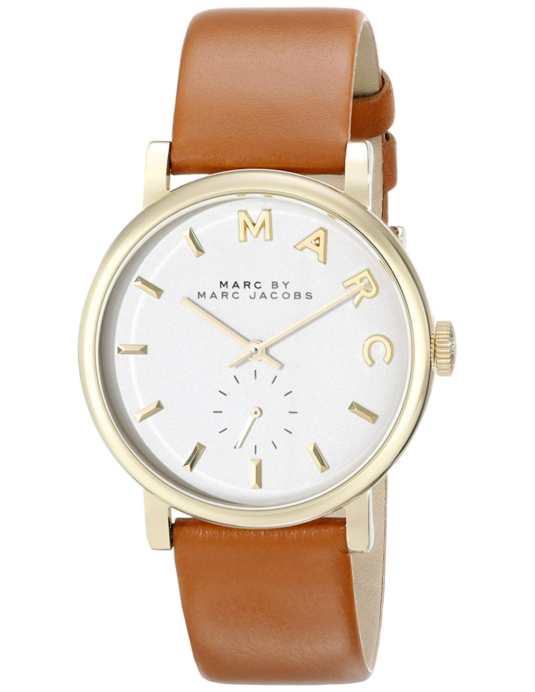 Montre femme Marc Jacobs Baker MBM1316, boîtier or et cadran blanc, bracelet cuir marron