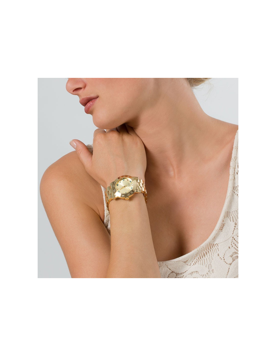 Montre Femme Marc Jacobs Amy MBM3215 en Acier Doré avec Cristaux Bleus vue 4