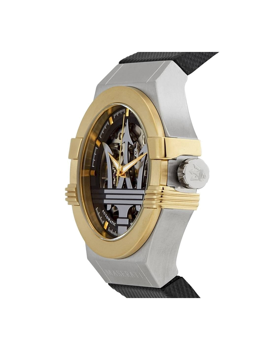 Montre automatique squelette Maserati Potenza R8821108011 - Boîtier or, cadran argent, bracelet cuir noir - Homme vue 2