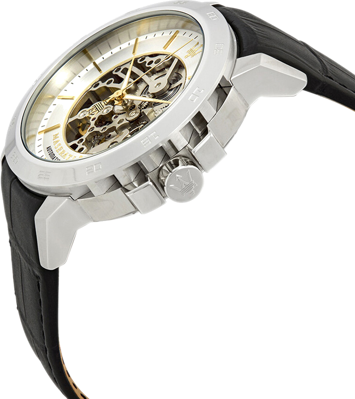 Montre Homme Maserati Ingegno Automatique Squelette R8821119002 - Cadran Argenté, Boîtier Argent, Bracelet Cuir Noir vue 2