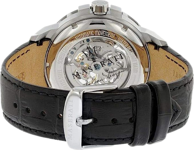 Montre Homme Maserati Ingegno Automatique Squelette R8821119002 - Cadran Argenté, Boîtier Argent, Bracelet Cuir Noir vue 3