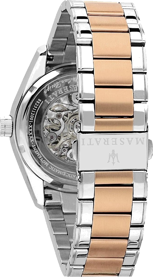 Montre Maserati Traguardo automatique squelette R8823112001 pour homme, acier argent et or rose vue 3