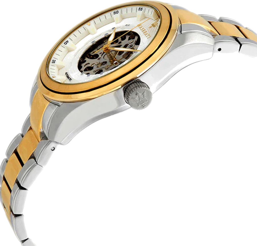 Montre Maserati Traguardo R8823112003 Squelette automatique Cadran argenté Bracelet en acier inoxydable bicolore vue 2