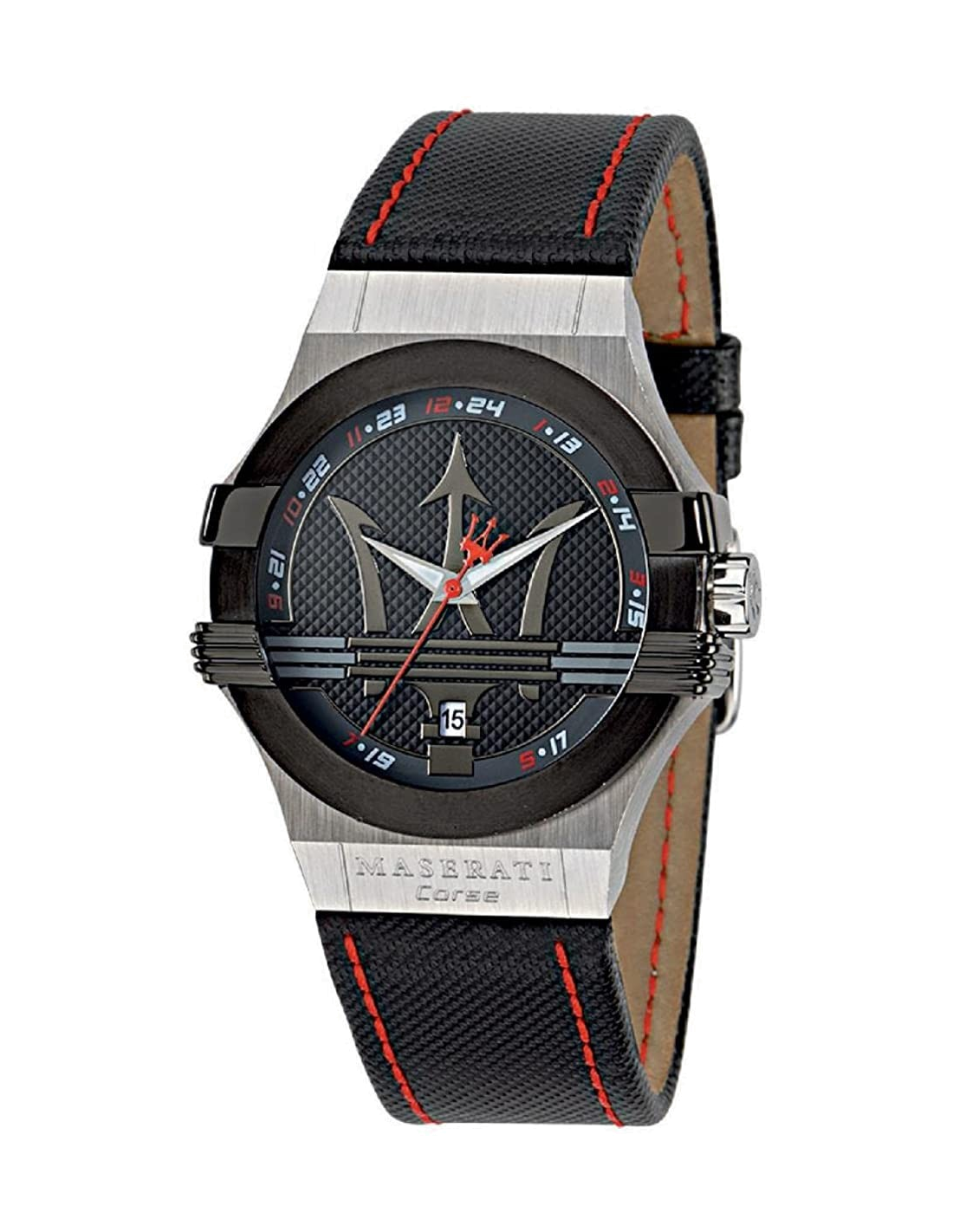 Montre Homme Maserati Potenza R8851108001 - Cadran Noir, Bracelet Cuir Noir Surpiqûres Rouges