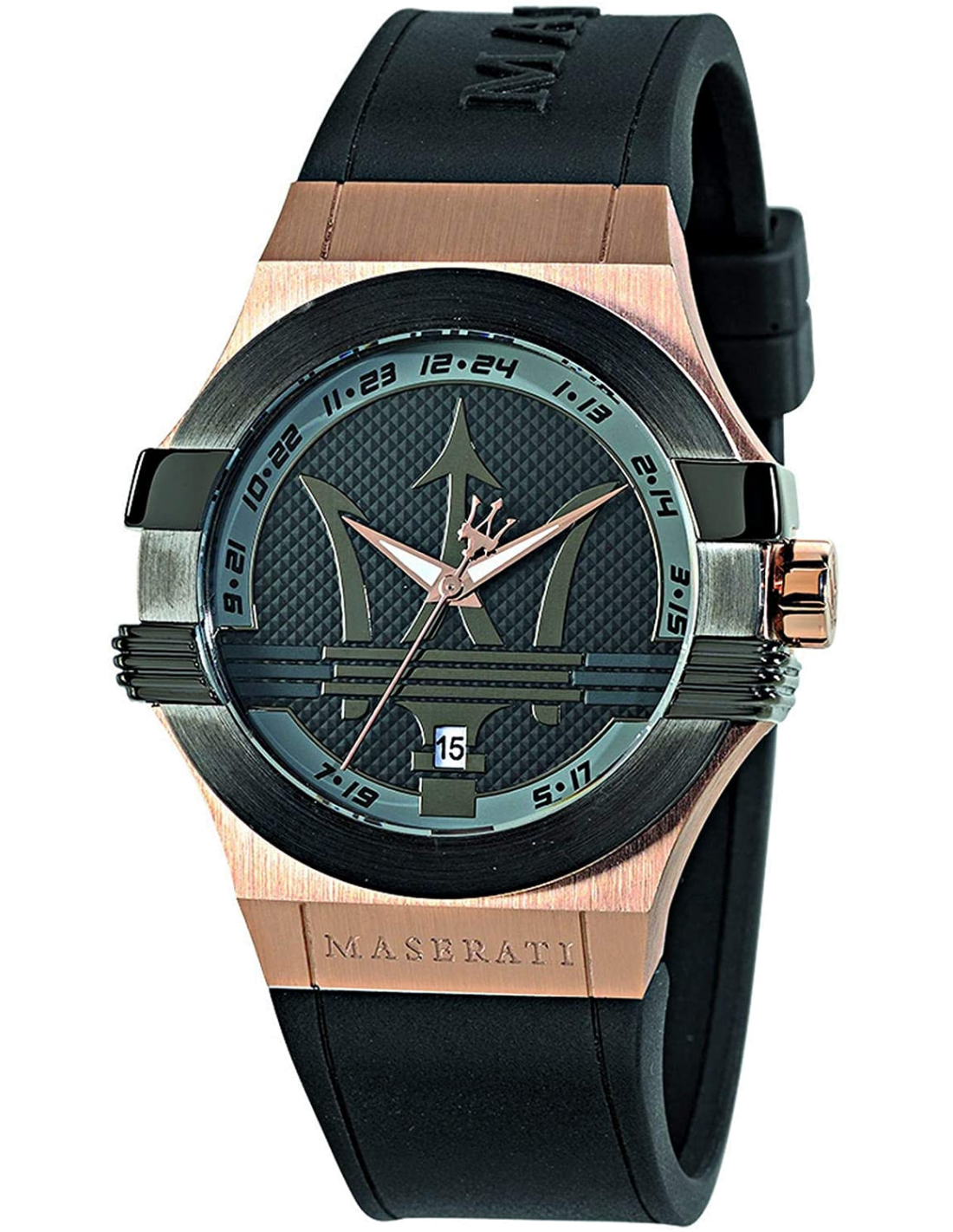 Montre Homme Maserati Potenza R8851108002, Boîtier Or Rose, Cadran Noir, Bracelet Silicone Noir