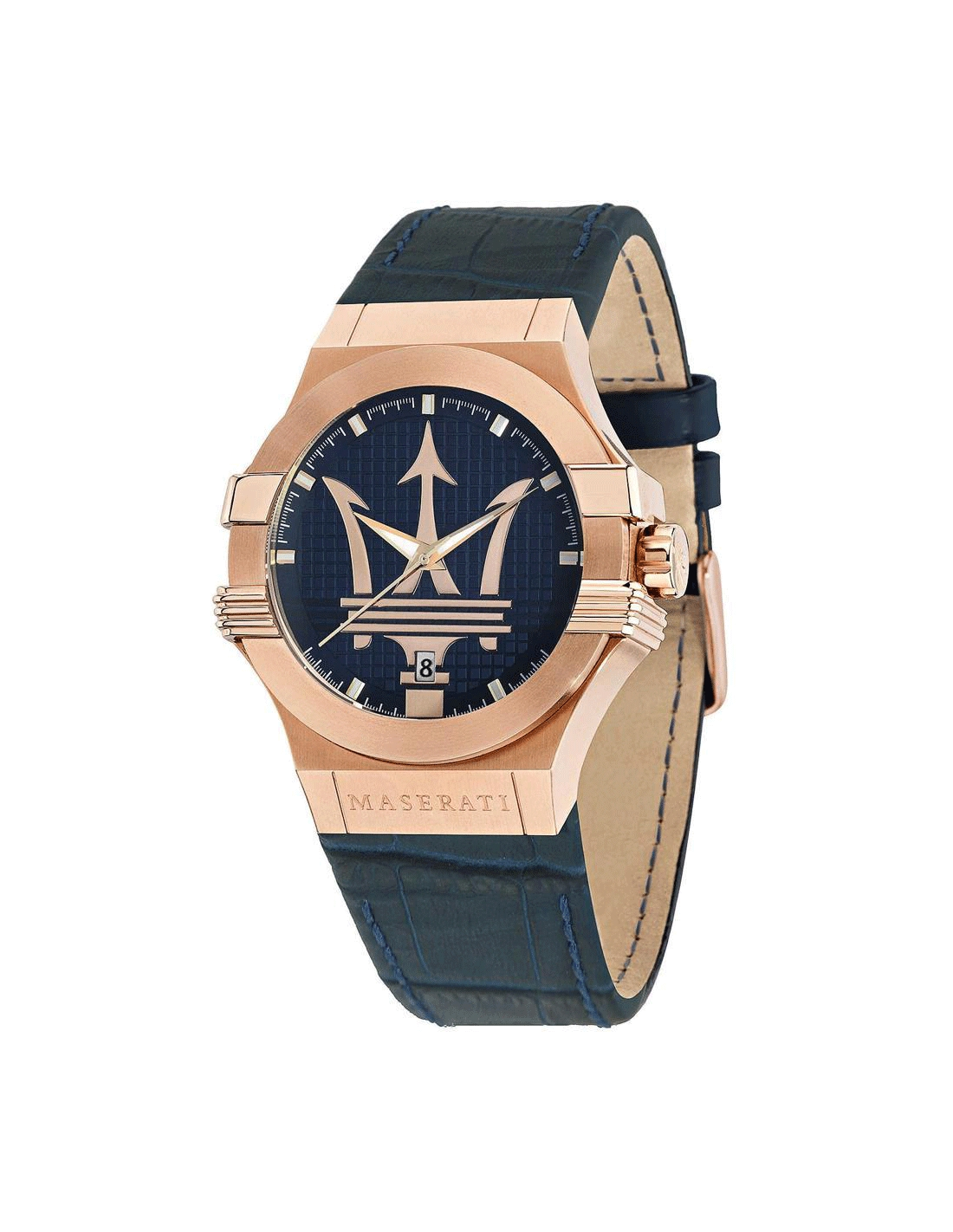 Montre Homme Maserati Potenza R8851108027, Cadran Noir, Boîtier Or Rose, Bracelet Cuir Bleu