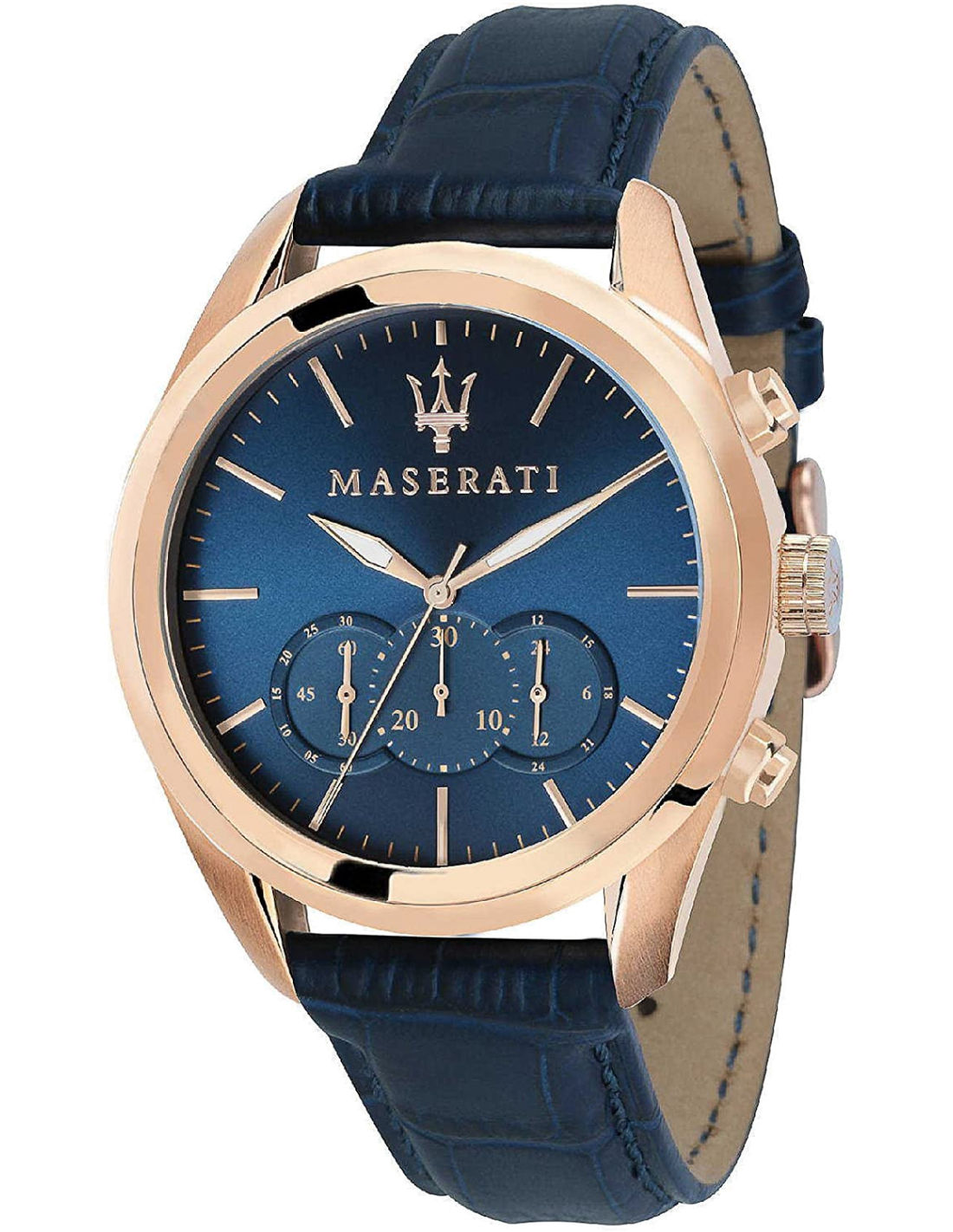 Montre Homme Maserati Traguardo R8871612015 - Boîtier Acier Or Rose, Cadran et Bracelet Cuir Bleu