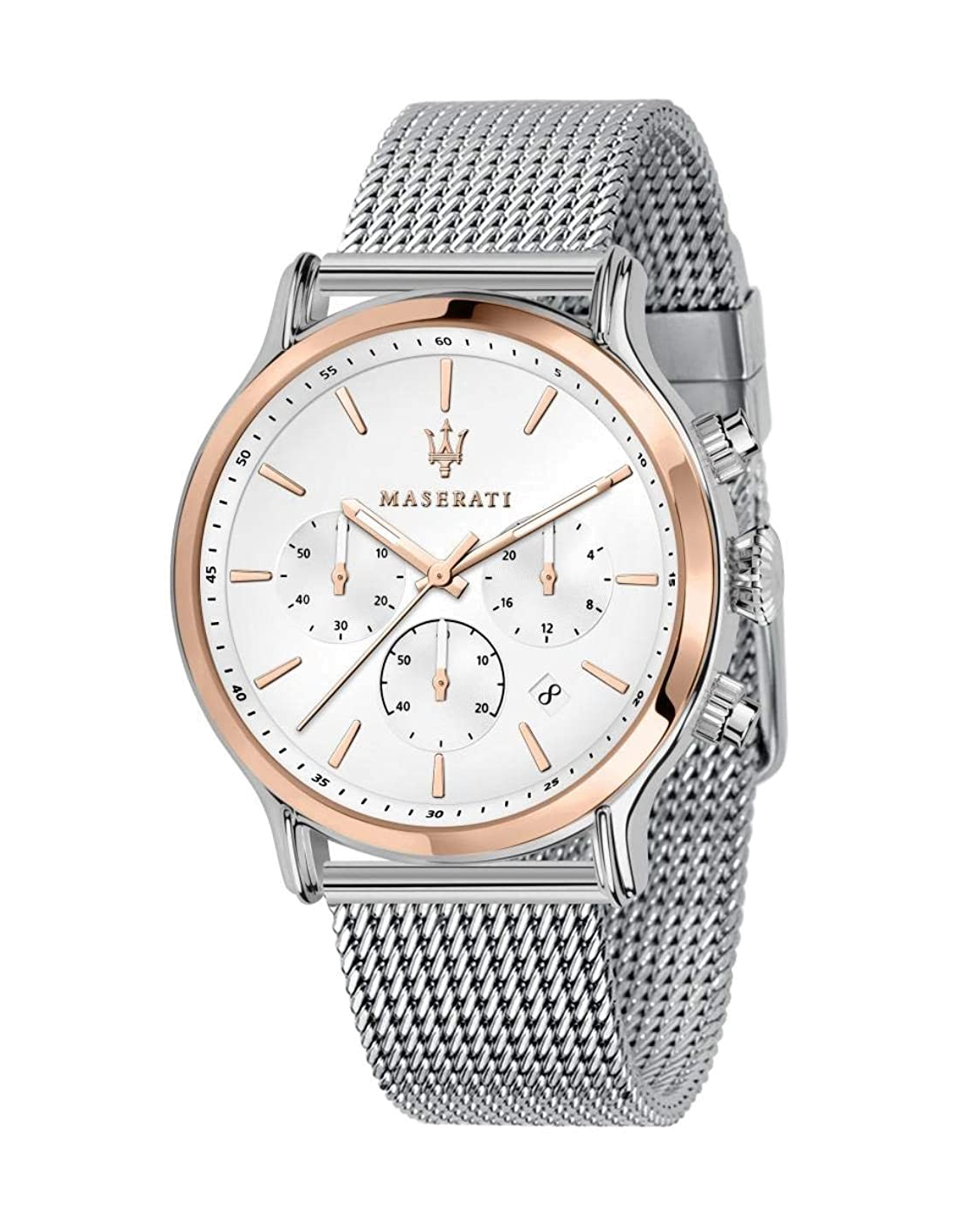 Montre Homme Maserati Epoca R8873618009, cadran argent et or rose, bracelet maille milanaise