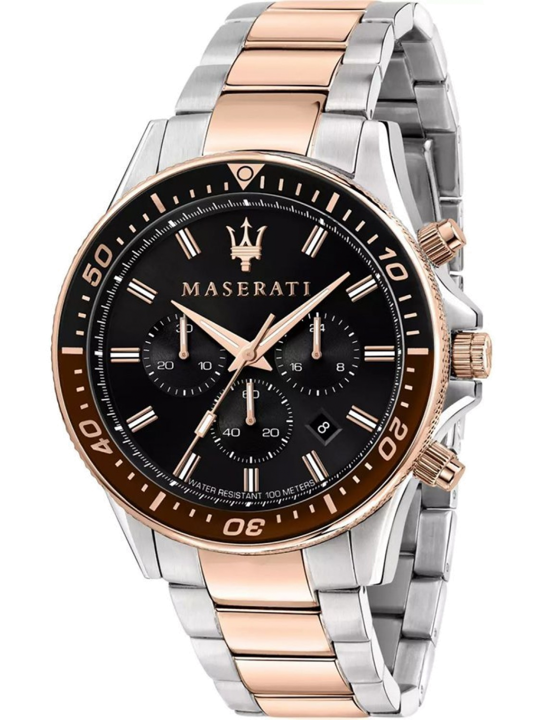 Montre Homme Maserati Sfida R8873640009 - Cadran Noir 44mm, Bracelet Acier Bicolore Argent/Or Rose