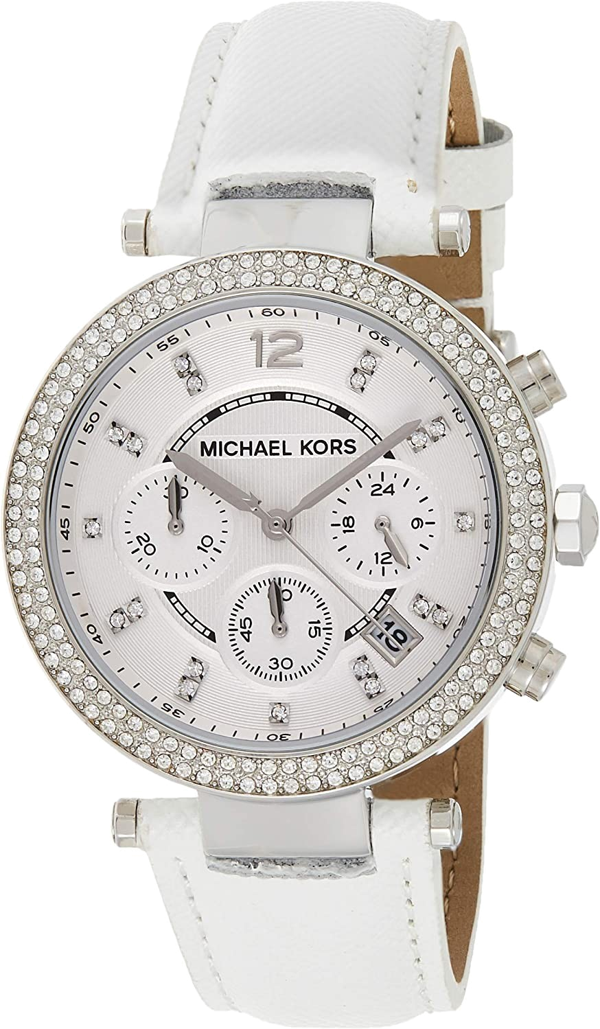 Montre Femme Michael Kors MK2277 - Cadran Blanc, Bracelet Cuir Blanc, Lunette Cristaux