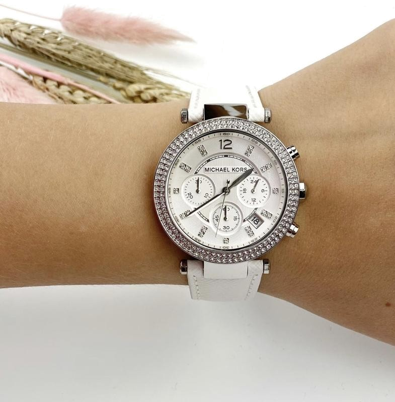 Montre Femme Michael Kors MK2277 - Cadran Blanc, Bracelet Cuir Blanc, Lunette Cristaux vue 4