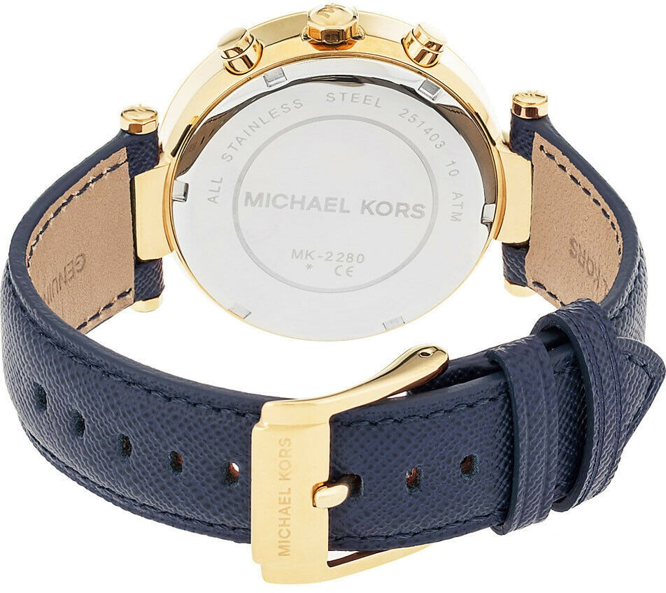 Montre Femme Michael Kors MK2280 Chronographe Acier Doré & Cadran Doré sur Bracelet Cuir Bleu Marine vue 3