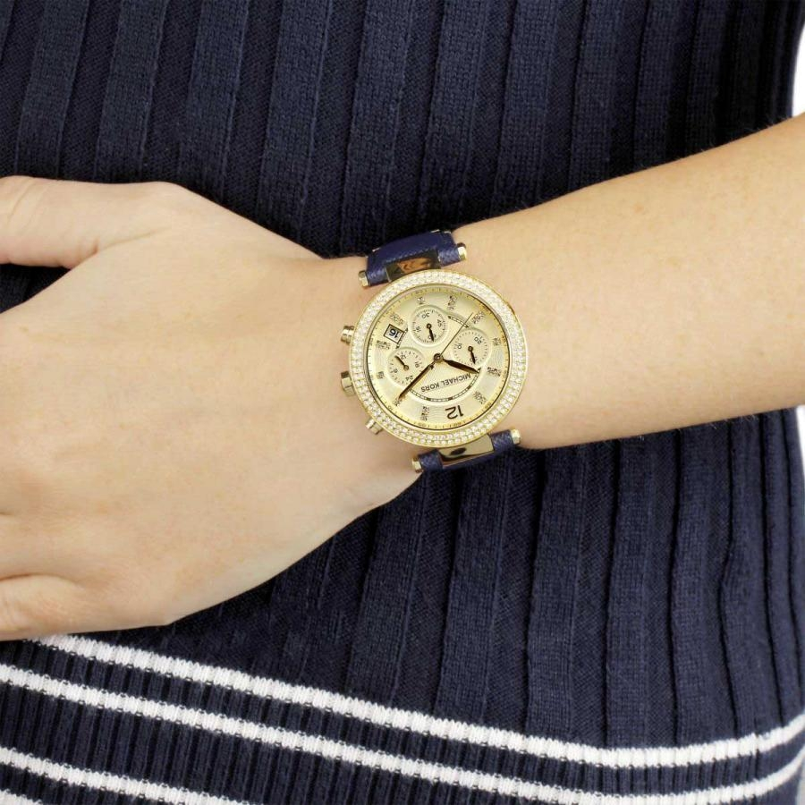 Montre Femme Michael Kors MK2280 Chronographe Acier Doré & Cadran Doré sur Bracelet Cuir Bleu Marine vue 4