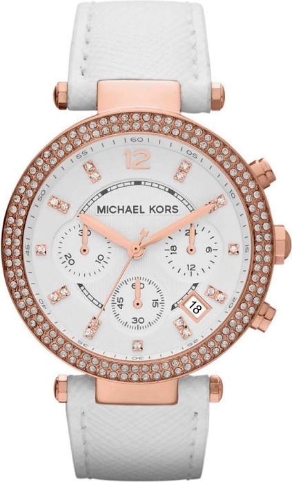 Montre Femme Michael Kors MK2281 Parker - Chronographe Or Rose, Cadran Blanc et Bracelet Cuir Blanc