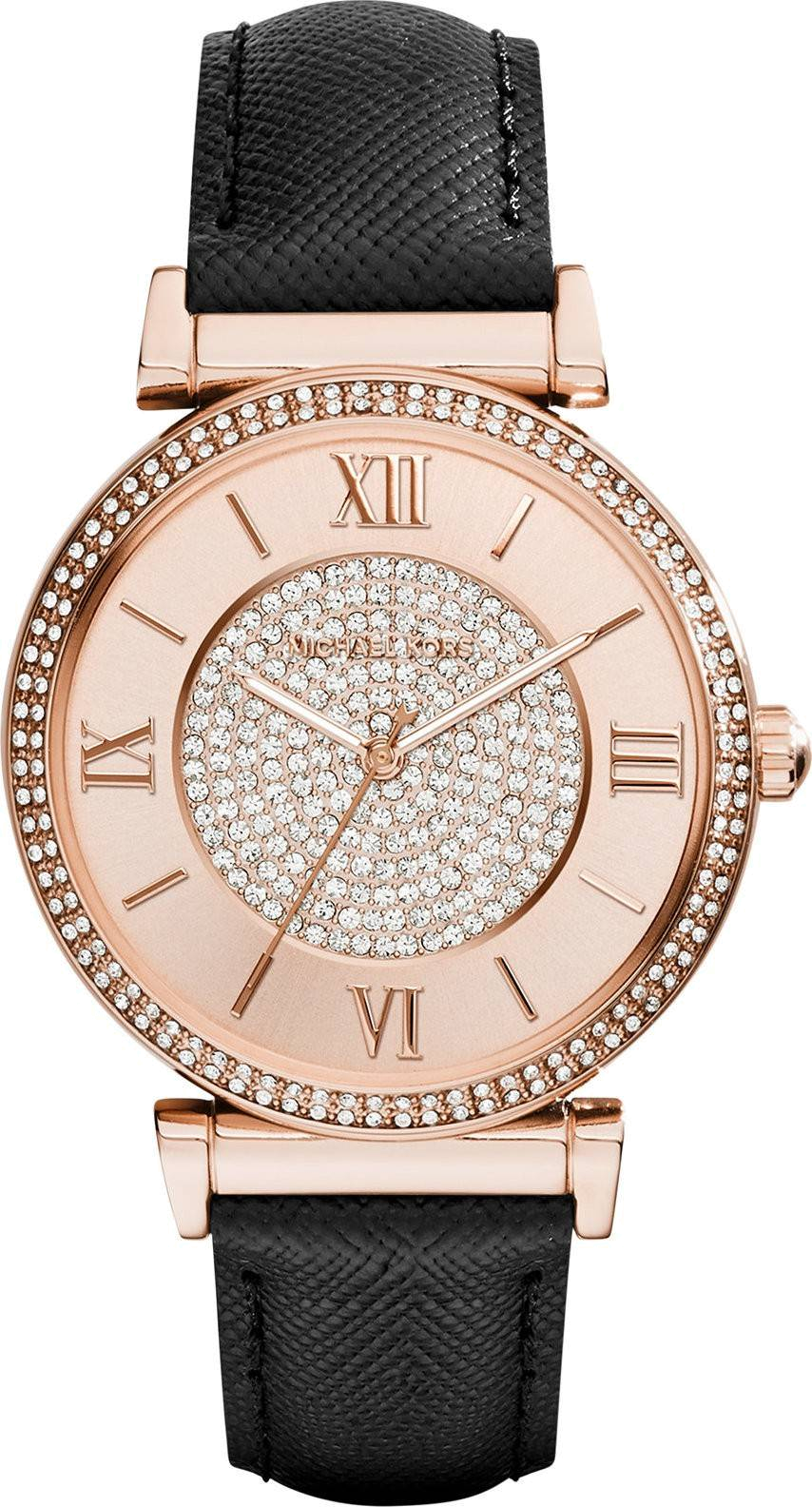 Montre Michael Kors Catlin MK2376 pour Femme - Cadran Fuchsia, Boîtier Or Rose, Bracelet Cuir Noir