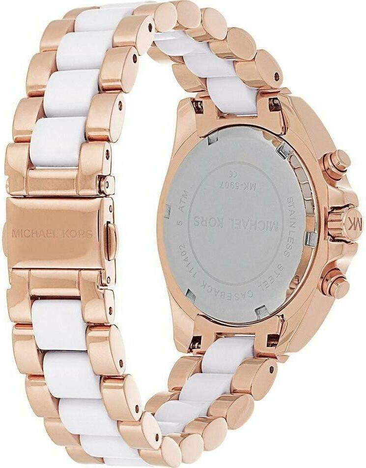 Montre Femme Michael Kors Bradshaw MK5907 - Cadran Blanc, Boîtier et Bracelet Acier Or Rose et Acétate vue 3