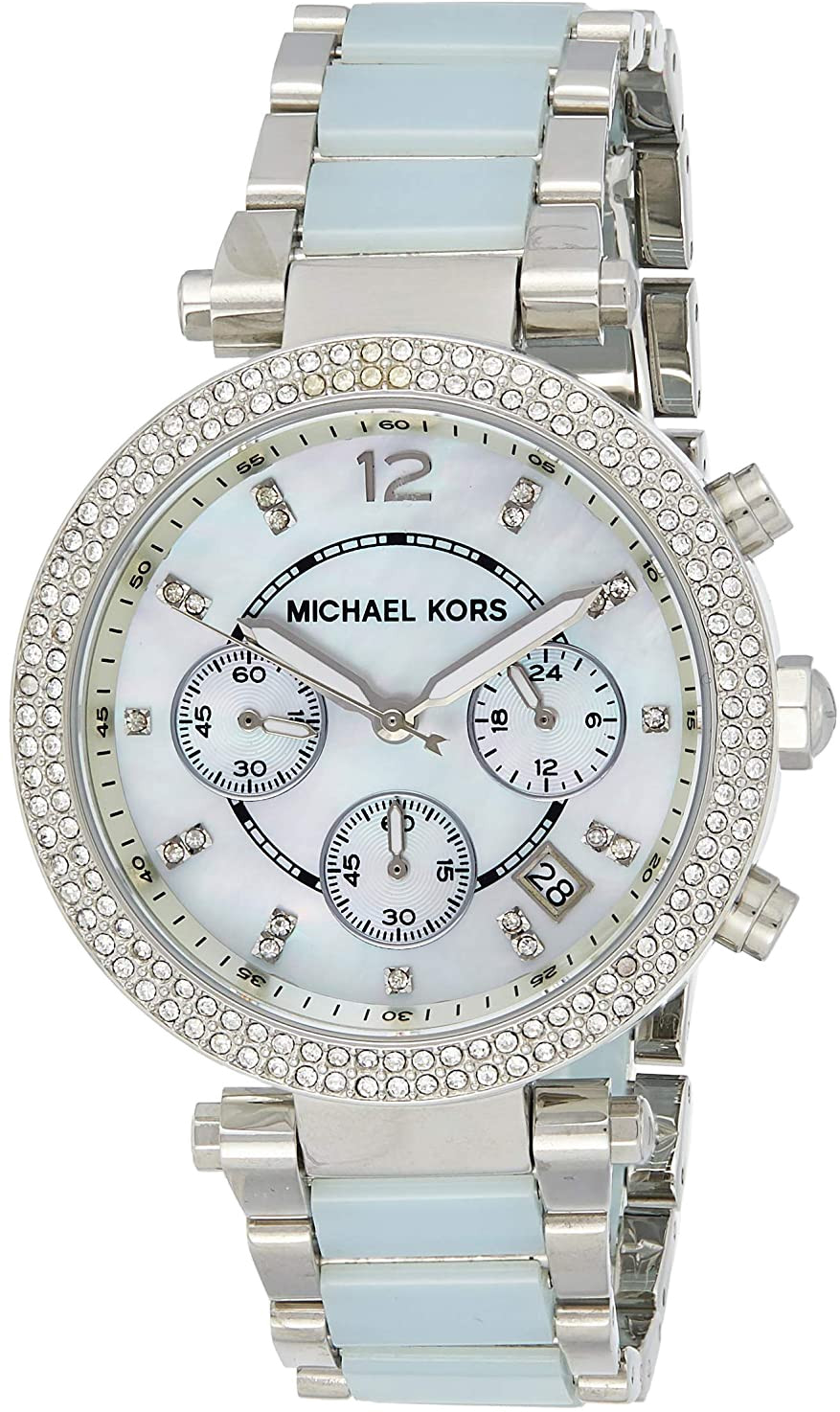 Montre Femme Michael Kors MK6138 Parker - Cadran Nacre, Bracelet Bi-matière Acier et Bleu, Chronographe