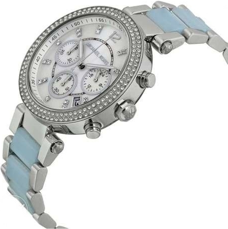 Montre Femme Michael Kors MK6138 Parker - Cadran Nacre, Bracelet Bi-matière Acier et Bleu, Chronographe vue 2