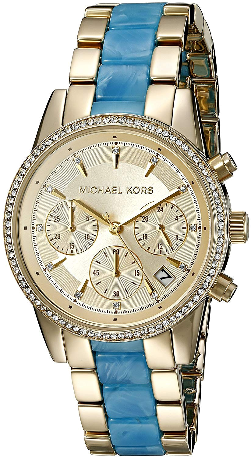 Montre Michael Kors Ritz MK6328 pour Femme, Cadran Doré et Bracelet Acier Bleu