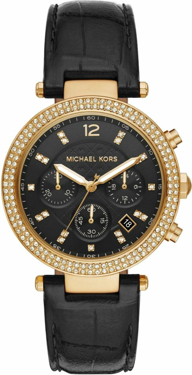 Montre Femme Michael Kors Parker MK6984, Cadran Or et Cristaux, Bracelet Cuir Noir vue 3