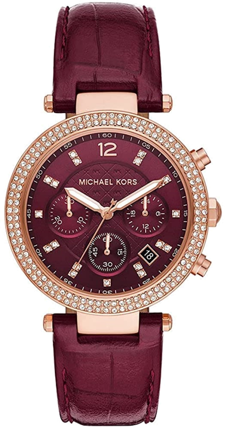 Montre Femme Michael Kors Parker MK6986 en or, cadran rouge et bracelet cuir bordeaux