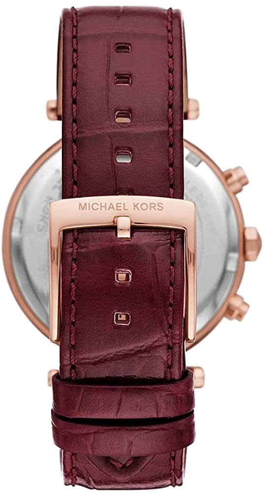Montre Femme Michael Kors Parker MK6986 en or, cadran rouge et bracelet cuir bordeaux vue 2