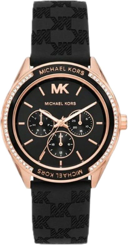 Montre Michael Kors Jessa MK7266 pour Femme, Cadran Noir Multifonction, Bracelet Silicone Noir, Boîtier Or Rose