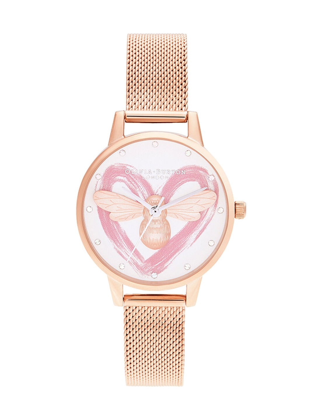 Montre Femme Olivia Burton OB16FB01 Cadran Blanc Abeille, Maille Milanaise Or Rose
