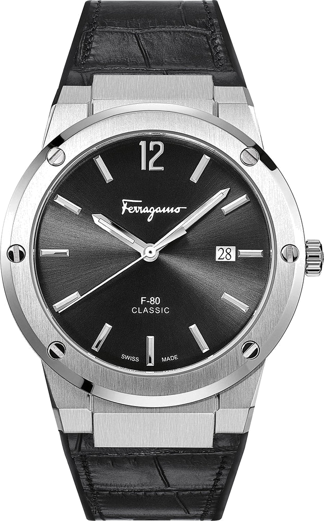 Montre Homme Salvatore Ferragamo F-80 Slim SFDT00219 - Boîtier Argent 42mm, Cadran Noir, Bracelet Cuir Crocodile Noir