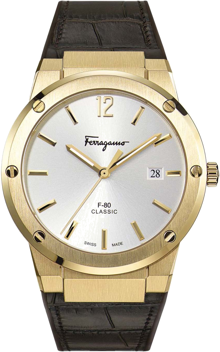 Montre Homme Salvatore Ferragamo SFDT00419, Boîtier Acier Or, Cadran Blanc, Bracelet Cuir Marron