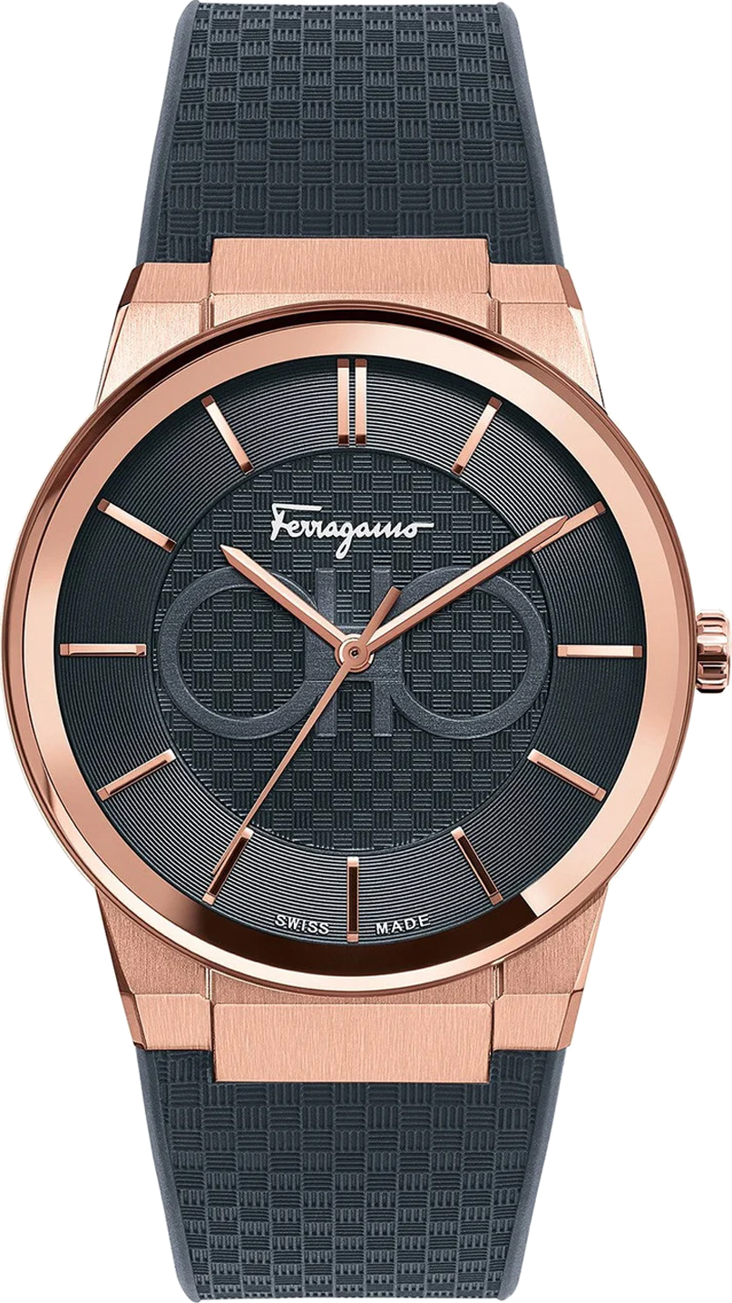 Montre Homme Salvatore Ferragamo SFHP00420 Boîtier Acier Or Rose Cadran Noir Bracelet Silicone
