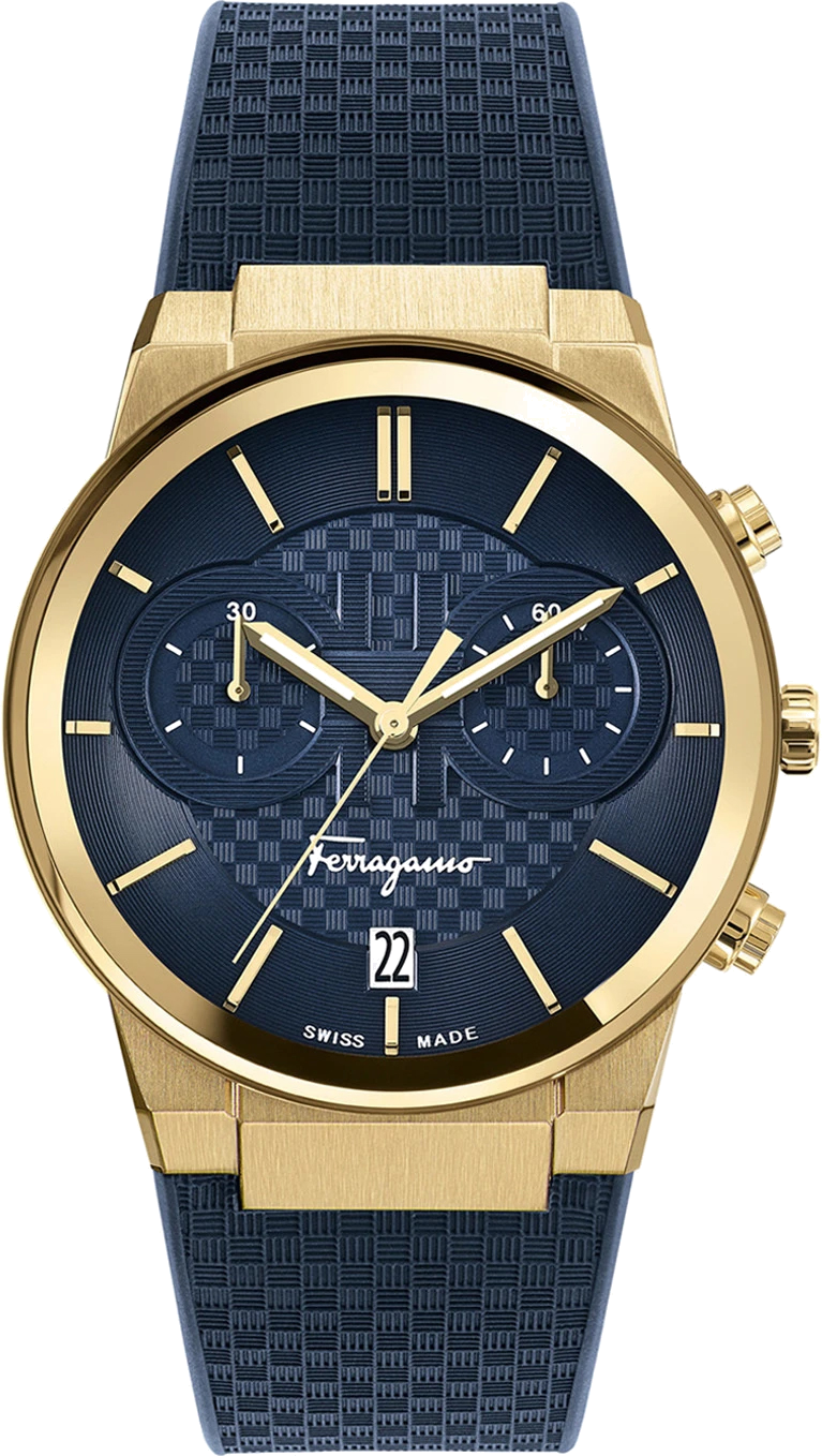 Chronographe Salvatore Ferragamo SFME00221 Homme - Cadran et bracelet bleu, boîtier or