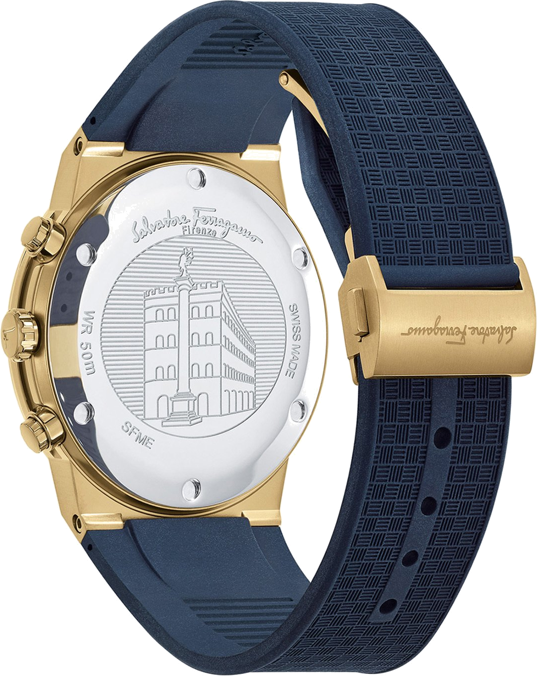 Chronographe Salvatore Ferragamo SFME00221 Homme - Cadran et bracelet bleu, boîtier or vue 2