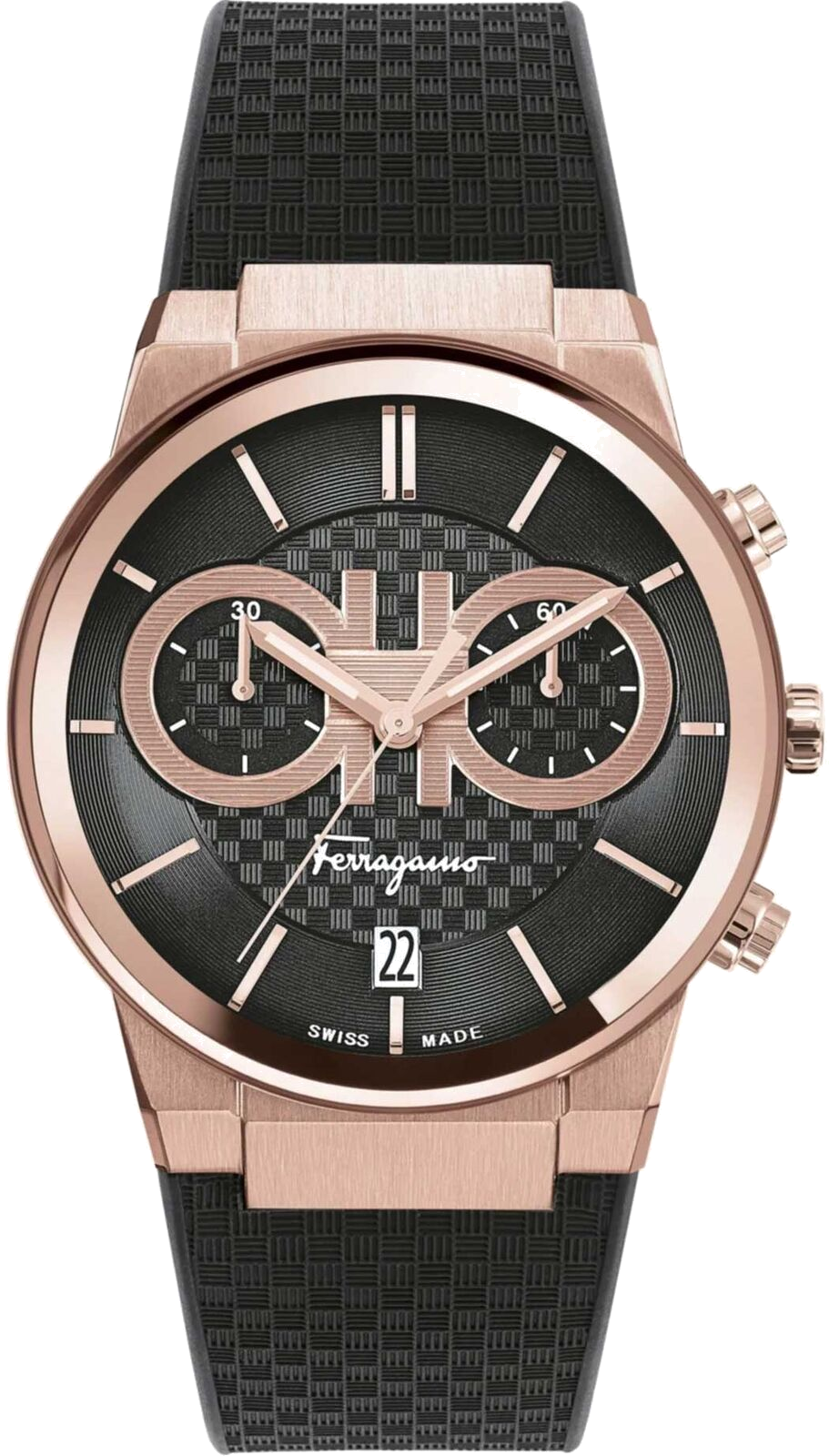 Chronographe Salvatore Ferragamo SFME00721 Homme - Boîtier Or Rose, Cadran Noir, Bracelet Silicone