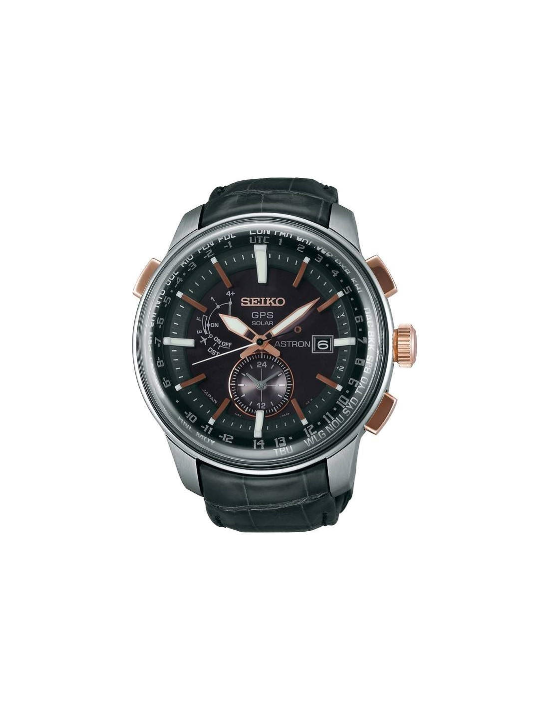 Montre Homme Seiko Astron SAS038J1 GPS Solaire - Boîtier Acier, Cadran Noir, Bracelet Cuir Crocodile
