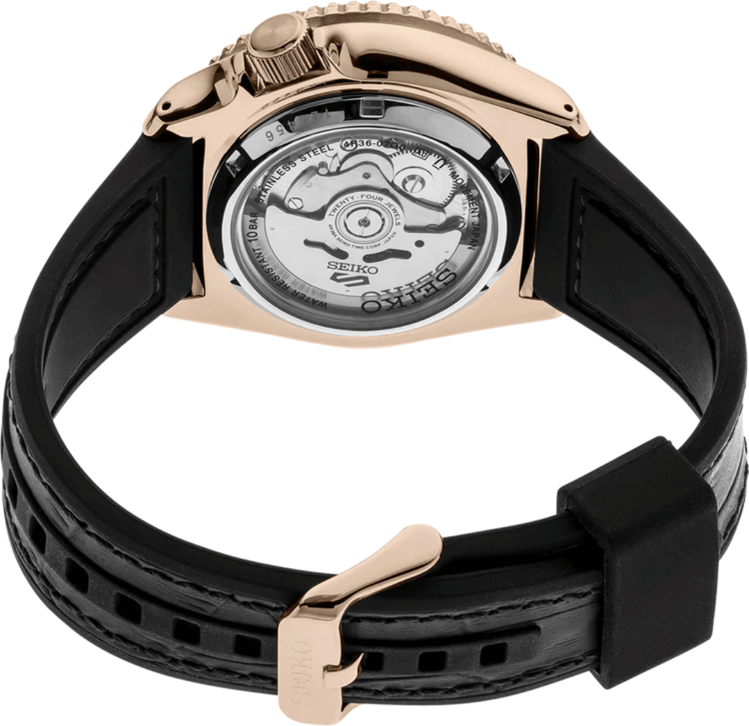 Montre Seiko 5 Sports SRPD76K1 Automatique Homme - Boîtier Or Rose, Cadran Noir, Bracelet Silicone vue 4